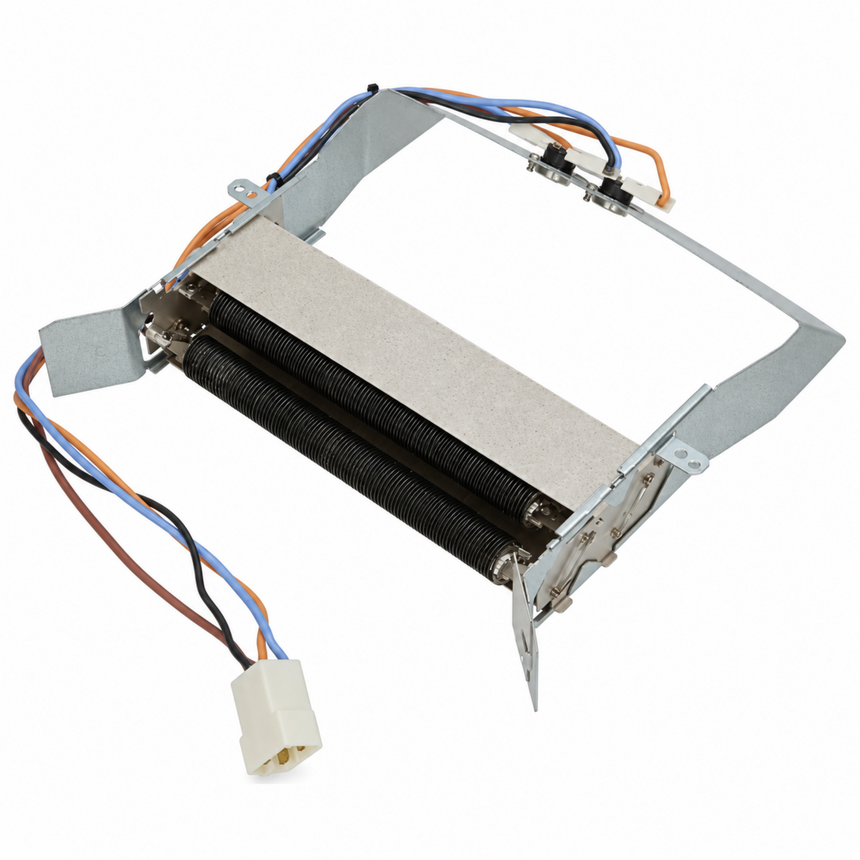 A replacement appliance part, specifically a metal heating element assembly with a black coiled element, silver metal brackets, and multi-colored wires (blue, orange, brown, black) leading to a white connector.
