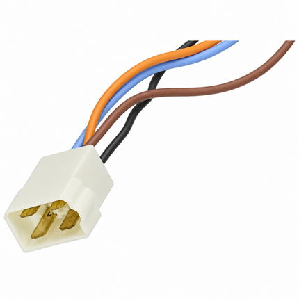 A multi-wire electrical connector with a white plastic housing and gold metal pins, featuring three colored wires in orange, blue, and brown, on a solid white background.