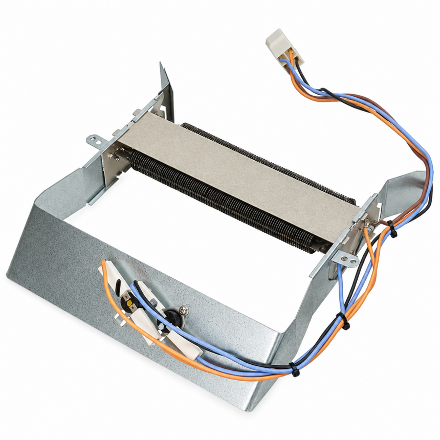 A metal appliance replacement part, likely a heating element assembly or blower housing, featuring a silver aluminum frame, a black ribbed heating coil, and multi-colored wiring with blue, orange, and white wires.