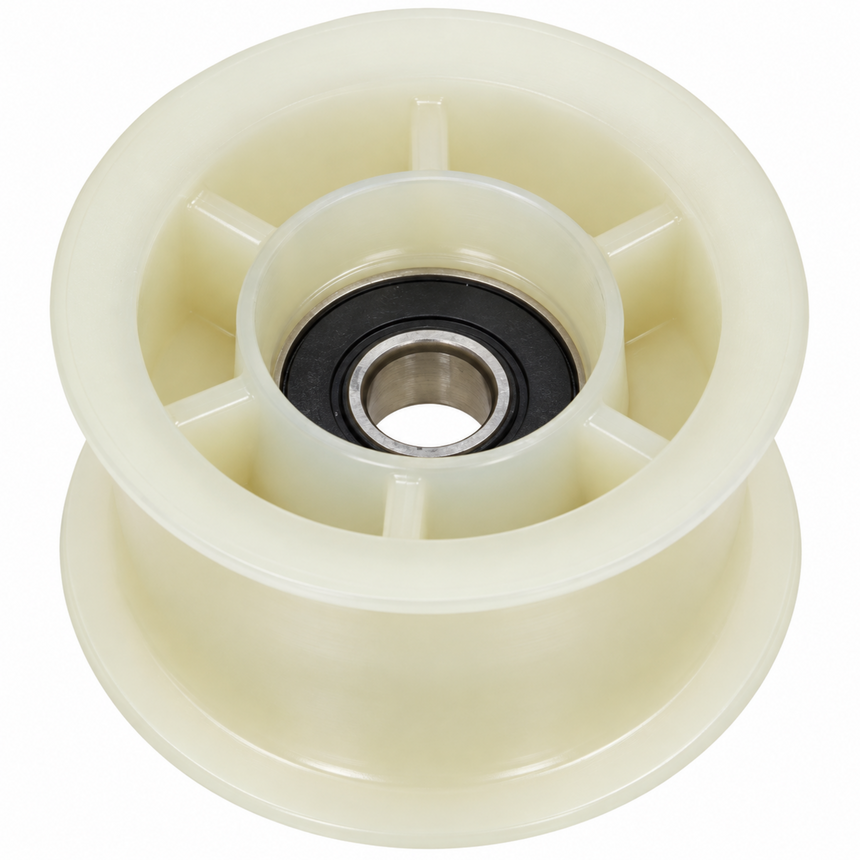 An off-white plastic pulley wheel with a black and silver bearing in the center, shown on a solid white background.