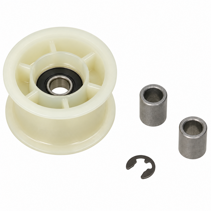 An industrial pulley wheel kit featuring a large off-white plastic pulley with a black and silver bearing, accompanied by two silver metal sleeves and a black retaining clip, all on a solid white background.