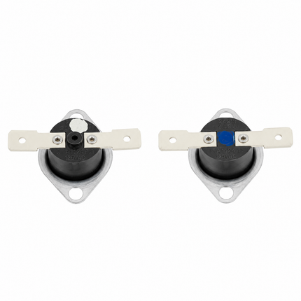 Two small black cylindrical electronic components with white metal mounting brackets and one blue-colored terminal, shown on a plain white background.