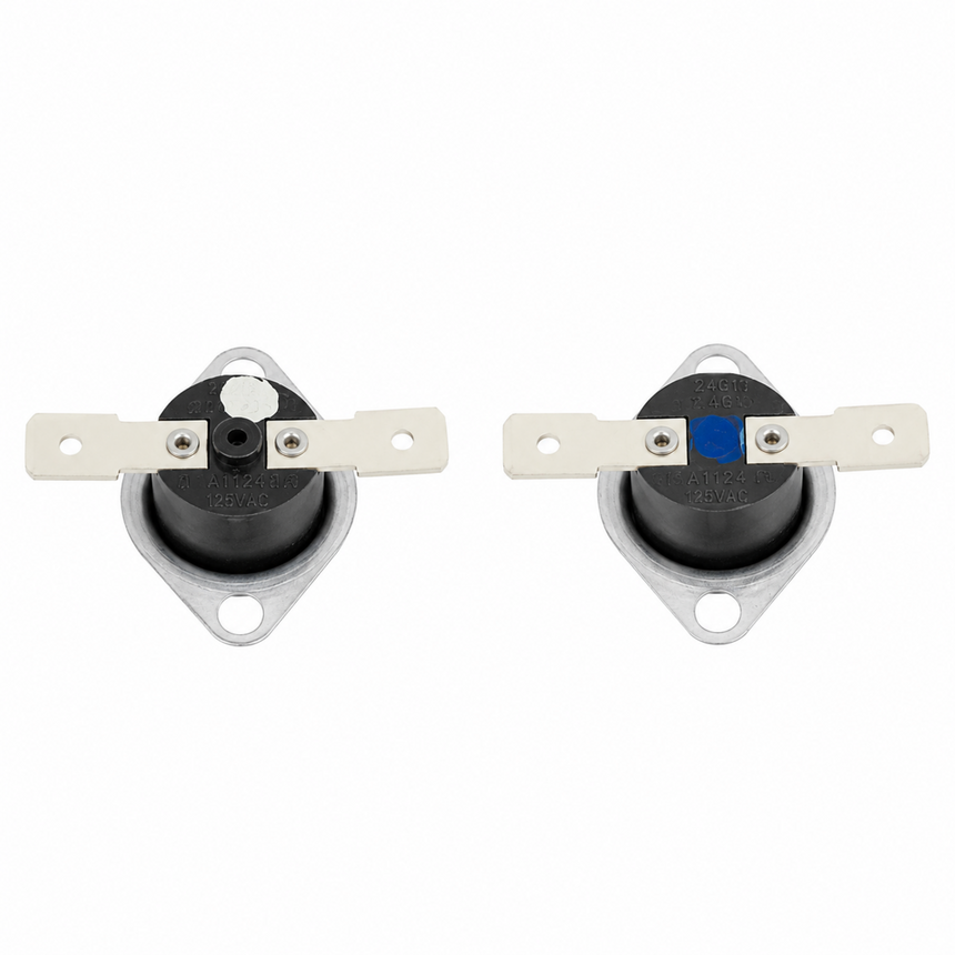Two small black cylindrical electronic components with white metal mounting brackets and one blue-colored terminal, shown on a plain white background.