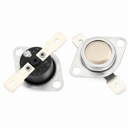 Two small circular metal components with flat mounting tabs, shown on a plain white background. One is viewed from the top, revealing a black circular center with white printed markings, and the other is viewed from the side, showing a beige circular insert inside a silver metal body.