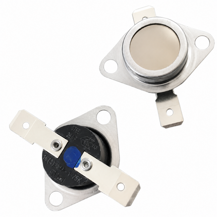 Two small metal electronic components with circular openings, shown on a plain white background. One is viewed from above and the other from the side, both with silver-colored mounting tabs and a black circular body with a blue accent.
