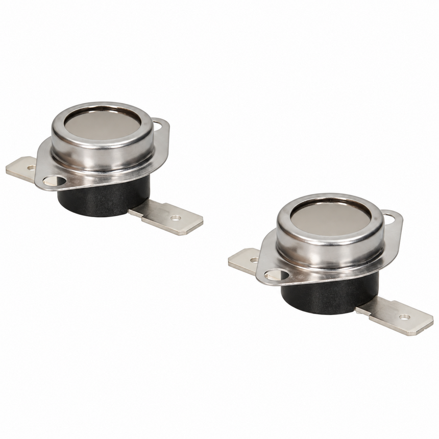 Two small cylindrical metal components with flat circular tops, black rubber-like bases, and flat metal tabs extending from the sides, shown on a plain white background.