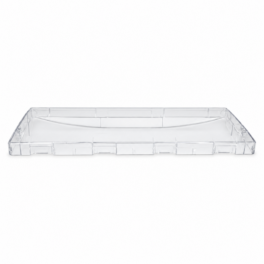 A clear plastic rectangular tray with raised edges, shown from a top-down view on a plain white background.