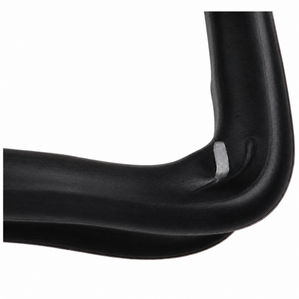 Close-up of a black curved product, likely a bicycle handlebar or similar curved component, showing a small silver metal detail on a plain white background.