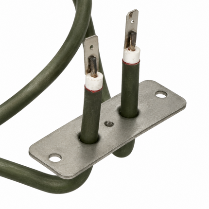 Metal bracket with two electrical cables on a white background