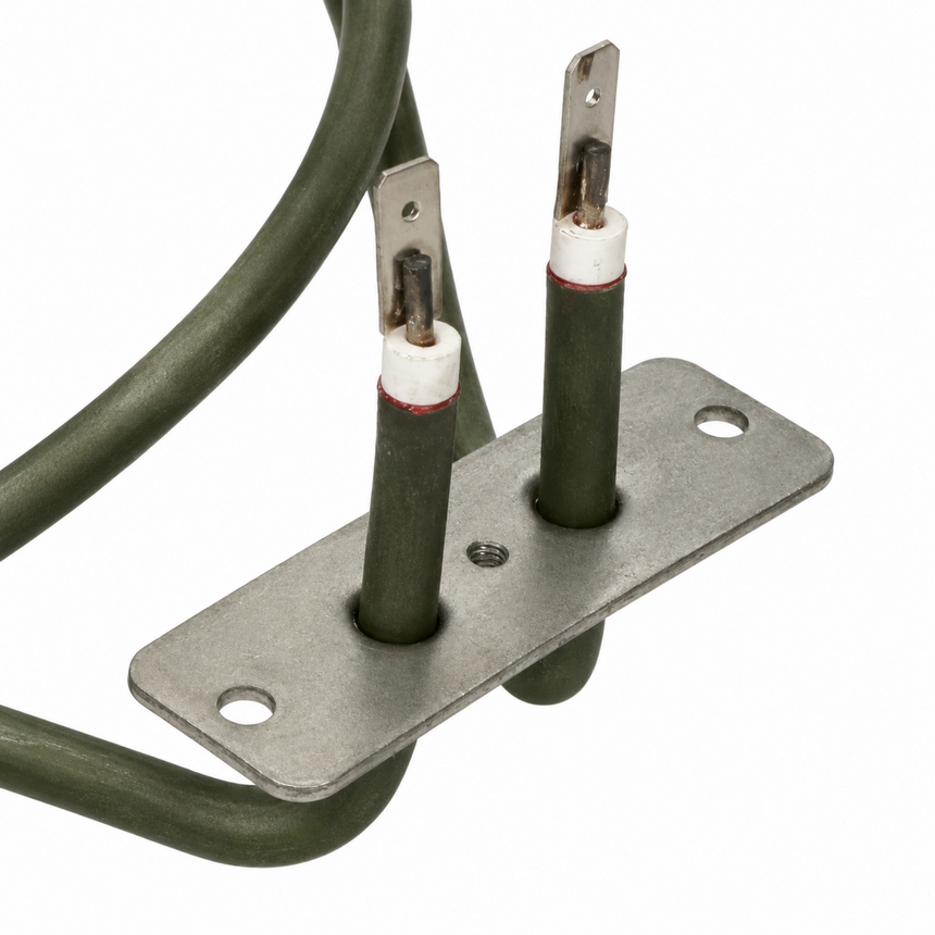 Metal bracket with two electrical cables on a white background