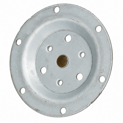 A circular galvanized metal mounting plate with a central hole and multiple evenly spaced bolt holes around the rim, shown on a plain white background.