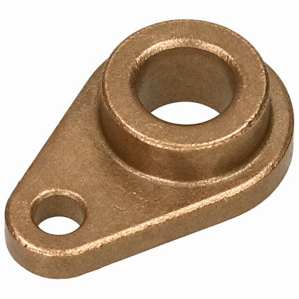 A bronze-colored cast metal bearing plate with a circular hole in the center and a smaller mounting hole on the lower left, shown on a plain white background.