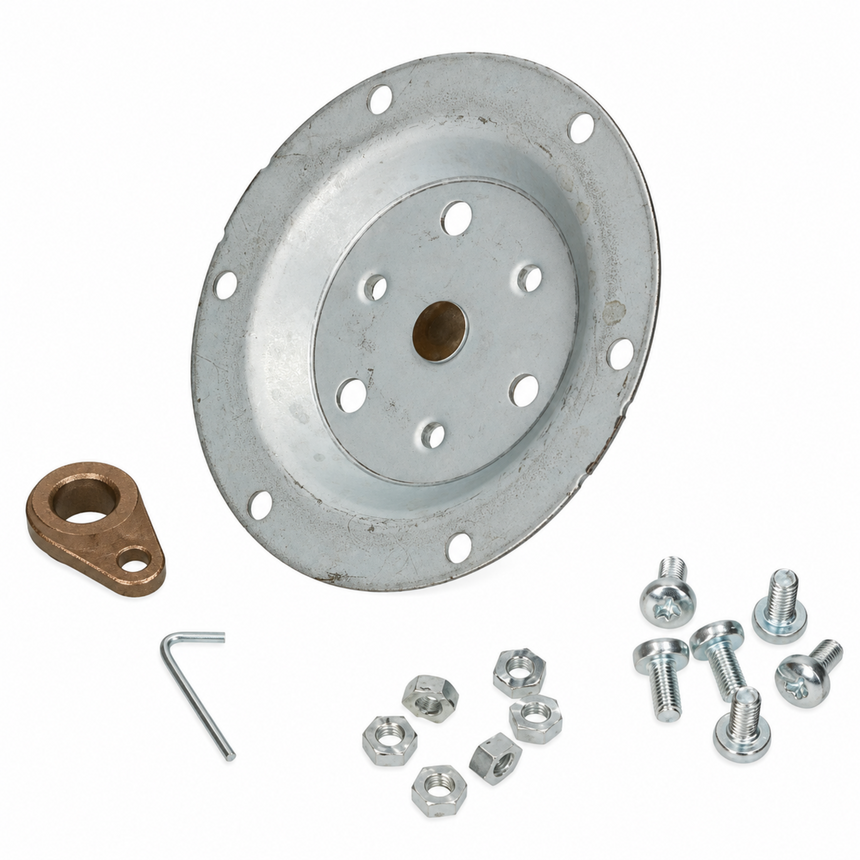 A metal circular mounting plate kit with a large silver steel plate, a small bronze bracket, a hex wrench, and several silver screws and nuts on a white background.