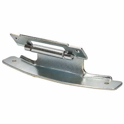 Galvanized steel door hinge with a curved mounting plate and central pin, shown on a plain white background.