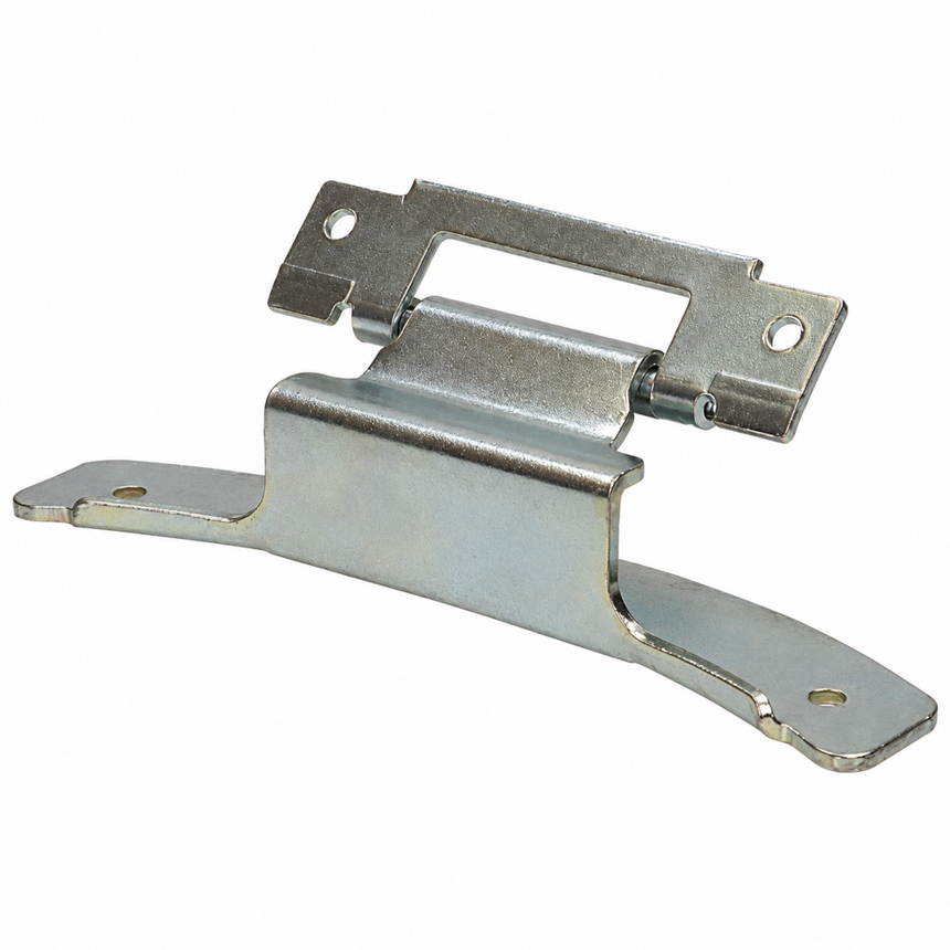 Galvanized steel cabinet hinge with a rectangular center cutout and mounting brackets on both ends, shown on a plain white background.