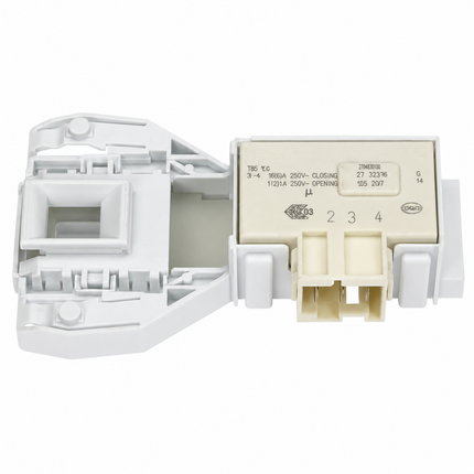 A white plastic appliance replacement part, likely a door hinge or latch mechanism, featuring a beige control module with printed technical specifications and a 3-pin connector.