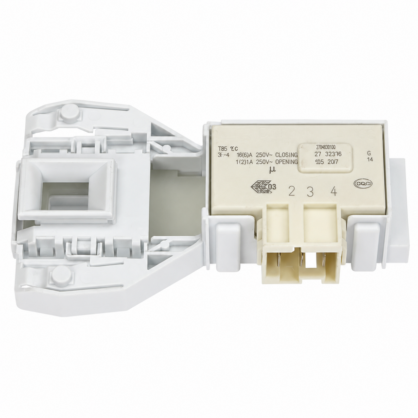 A white plastic appliance replacement part, likely a door hinge or latch mechanism, featuring a beige control module with printed technical specifications and a 3-pin connector.