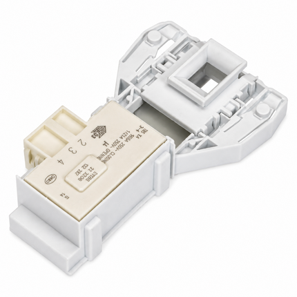 A white plastic electrical terminal block connector with a beige insulated wire lead and printed technical specifications on its surface, shown on a clean white background.