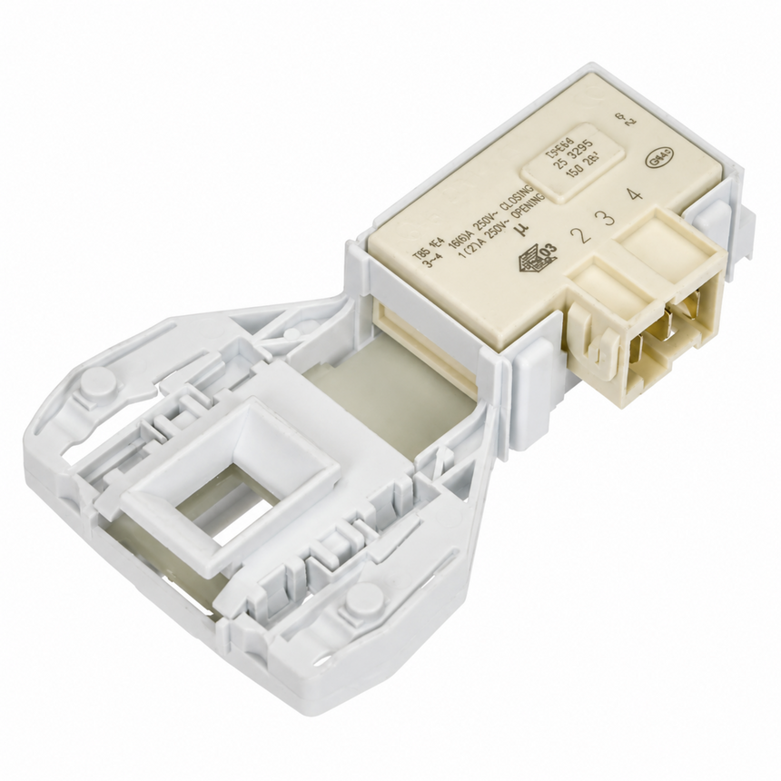 A white plastic appliance control module with a beige internal electronic component and connector, shown on a plain white background.