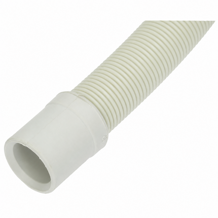 Dishwasher drain hose with ribbed flexible tube and straight plastic connector on white background