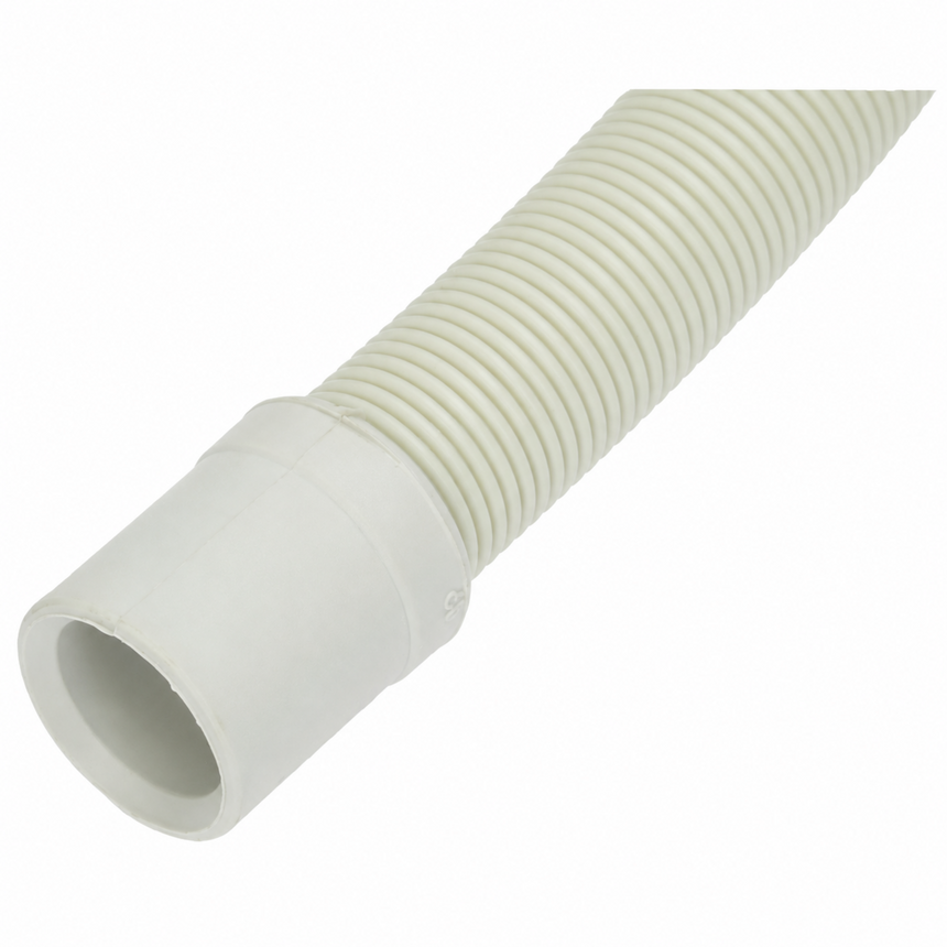 Dishwasher drain hose with ribbed flexible tube and straight plastic connector on white background