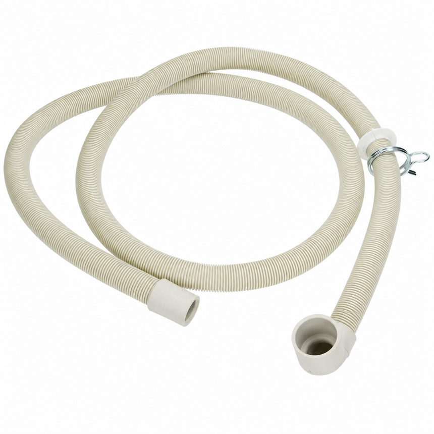 Flexible dishwasher drain hose with corrugated design, plastic elbow connector and metal hose clamp