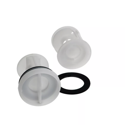 Two white plastic washers and a black rubber washer on a white background
