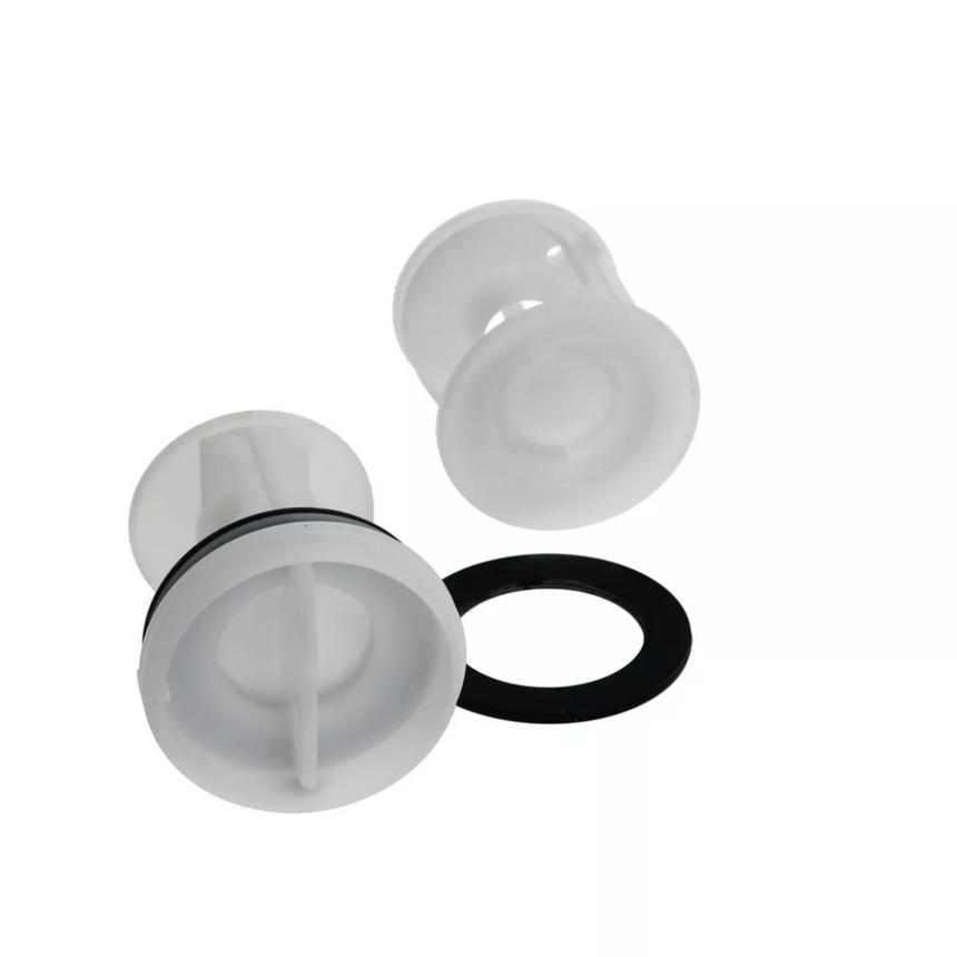 Two white plastic washers and a black rubber washer on a white background