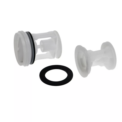 Plumbing parts including a washer and two white components on a white background
