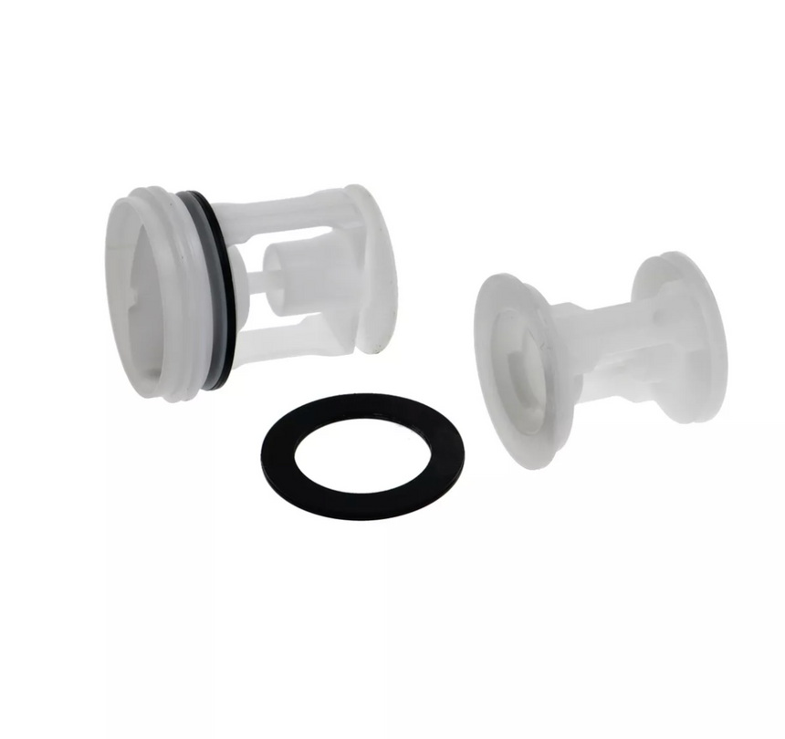 Plumbing parts including a washer and two white components on a white background