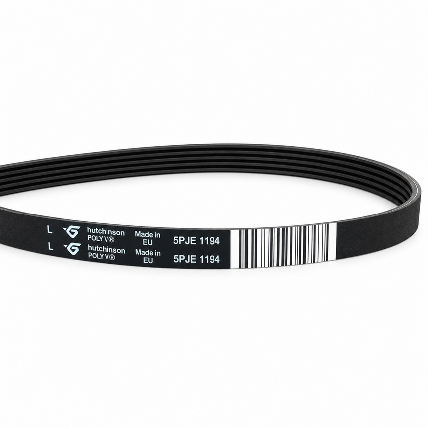 A black PolyV6 serpentine engine belt with white printed specifications and a barcode, shown on a clean white background.