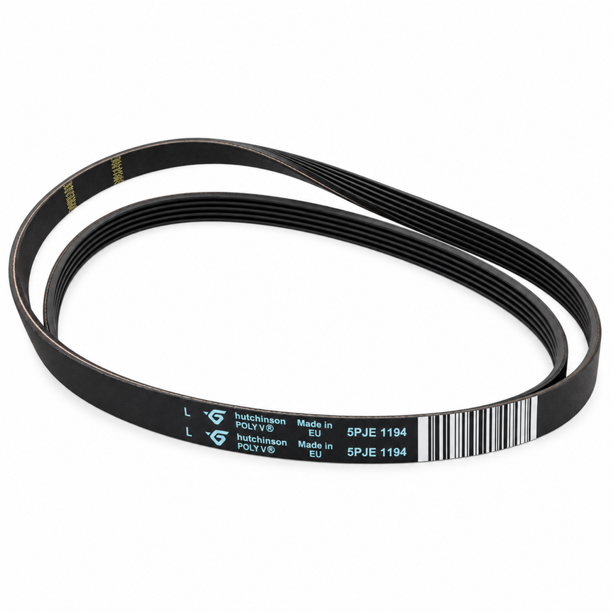 A black rubber serpentine belt with printed specifications and a barcode on a clean white background.