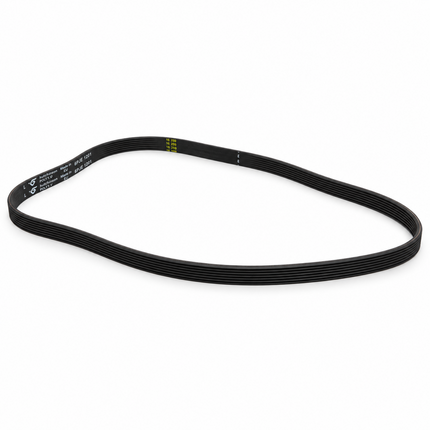 A black rubber serpentine belt with white printed specifications and a small yellow brand tab, shown on a clean white background.
