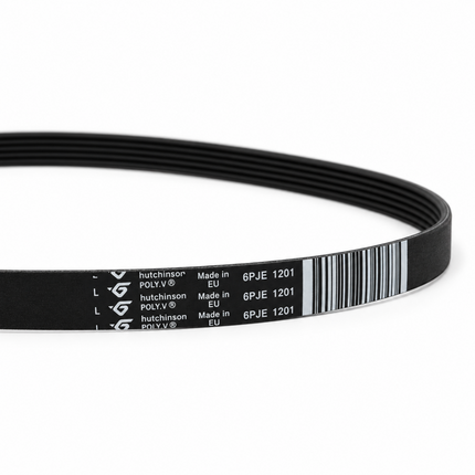 A black rubber drive belt with a printed white label showing the brand 'hutchinson POLY V', 'Made in EU', and a barcode, photographed on a white background.