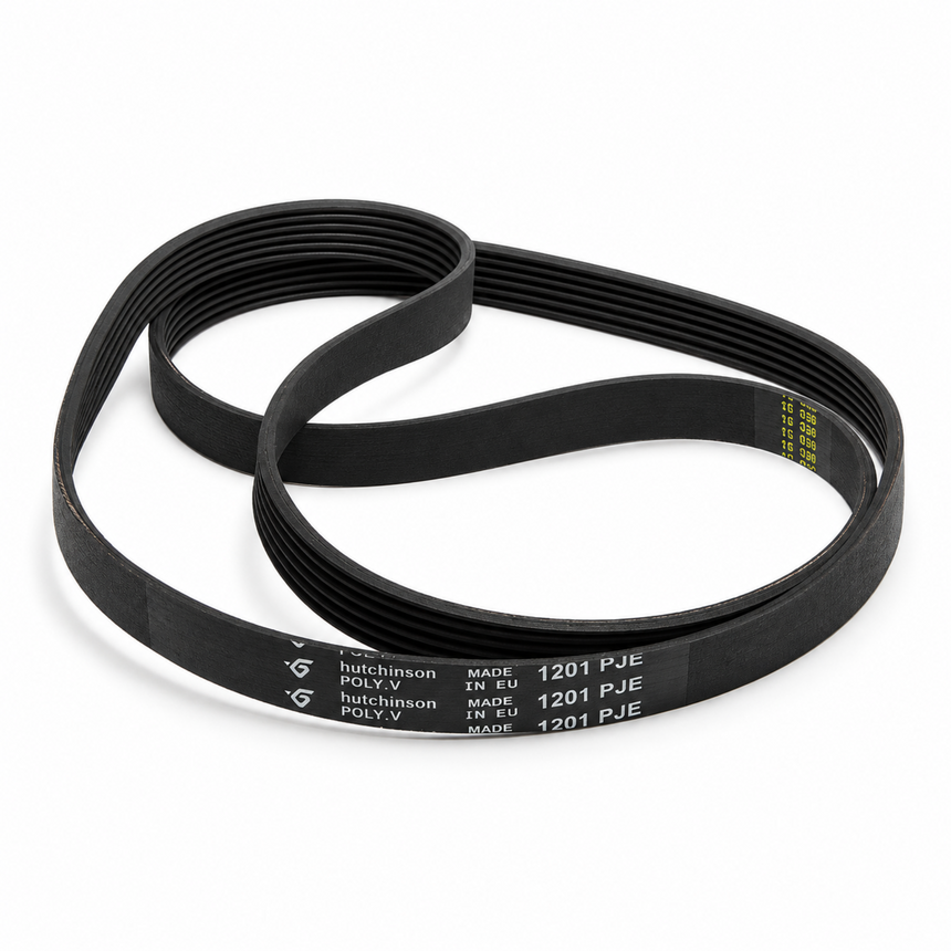 A black rubber serpentine engine belt with white printed specifications and a yellow brand logo, coiled on a white background.