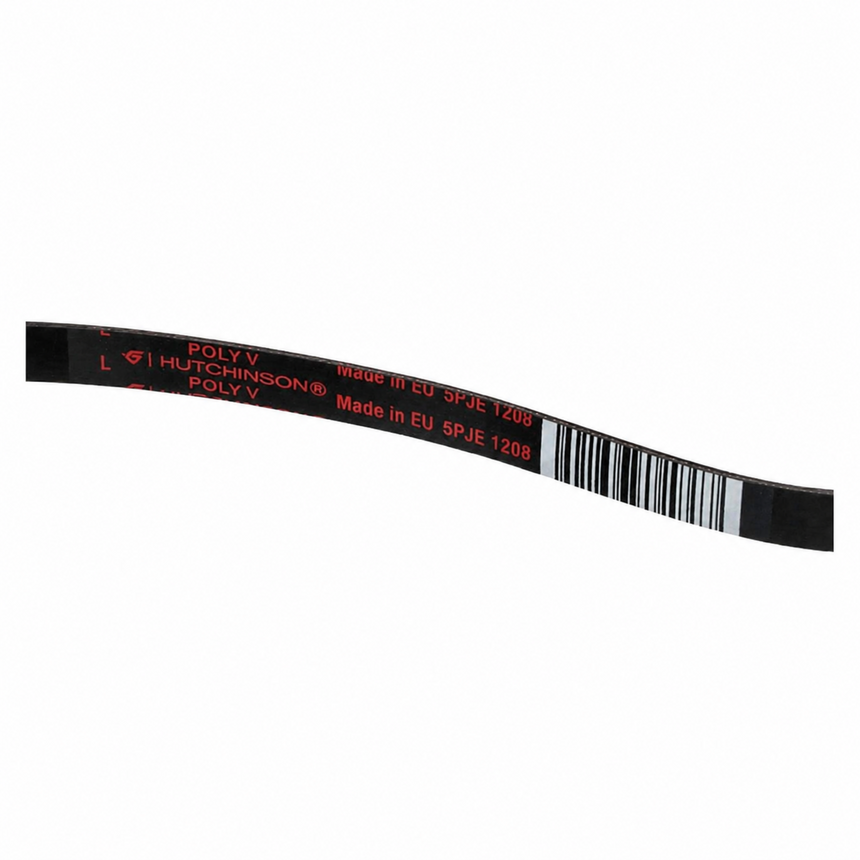 A black poly belt with red printed text and a barcode, shown on a plain white background. The text includes 'HUTCHINSON' and 'POLY V'.
