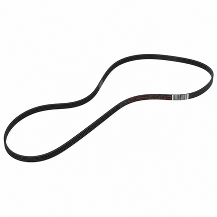 A black rubber serpentine belt with a ribbed cross-section and a small white barcode label, shown on a plain white background.