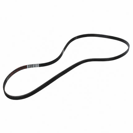 A black rubber serpentine belt with a ribbed profile and a small barcode label, shown on a plain white background.