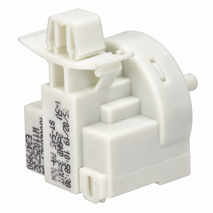 White plastic water level switch sensor with printed technical specifications on the side, isolated on a white background.