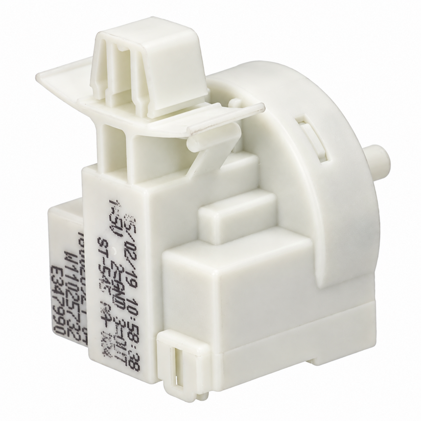 White plastic water level switch sensor with printed technical specifications on the side, isolated on a white background.