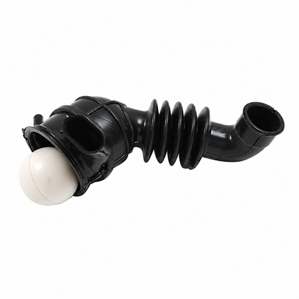 A black plastic automotive part with a corrugated rubber hose section and a white spherical end, shown on a plain white background.