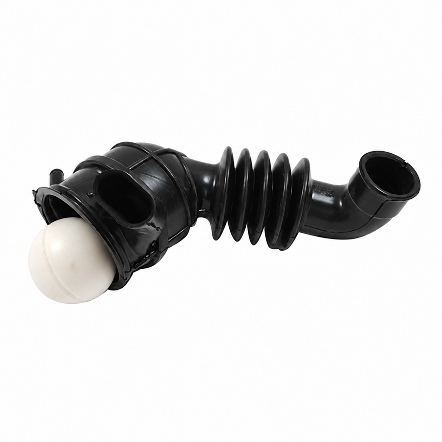 A black plastic automotive part with a corrugated rubber hose section and a white spherical end, shown on a plain white background.