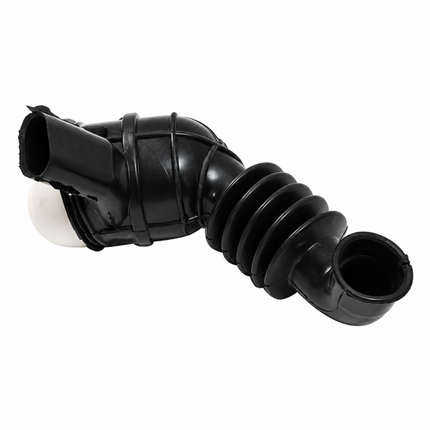 Black plastic elbow pipe connector with a corrugated flexible hose section, shown on a plain white background.