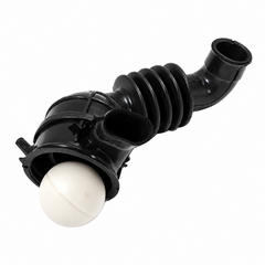 A black plastic automotive hose assembly with a white spherical valve or float at one end, photographed on a clean white background.