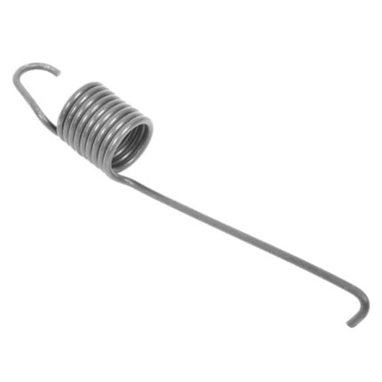 A small metal coil spring with a long hooked tail, shown on a plain white background.