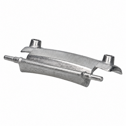 Galvanized metal cable clamp with two threaded bolt holes and a central horizontal rod, shown on a plain white background.