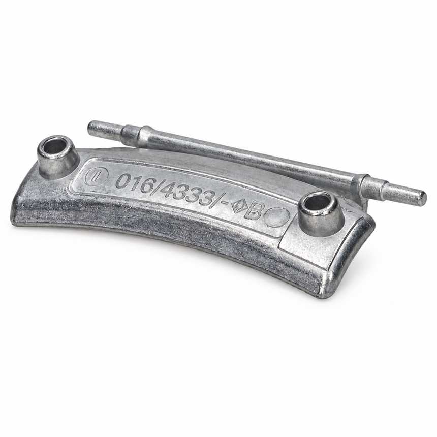 A curved metallic brake disc shroud or rotor cover with two threaded bolt holes and an attached metal rod, photographed on a clean white background.