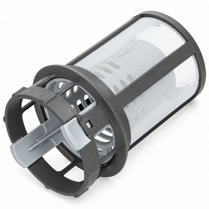 A gray and white cylindrical mesh filter basket, likely a replacement filter component for a vacuum cleaner, shown on a plain white background.