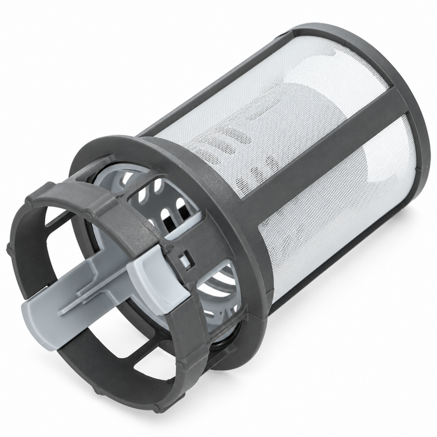 A gray and white cylindrical mesh filter basket, likely a replacement filter component for a vacuum cleaner, shown on a plain white background.