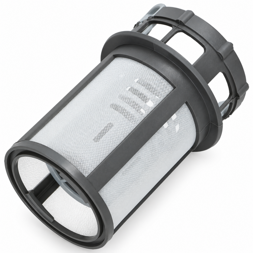 A cylindrical replacement filter cartridge with a black plastic frame and a white mesh screen, shown on a clean white background.